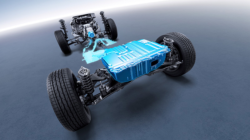 Graafinen kuvitus, joka esittää, kuinka Subarun bokserimoottori toimii yhdessä sähkömoottorin kanssa – tarjoten tehokkaan voimansiirron, pienemmät päästöt ja paremman polttoainetalouden.