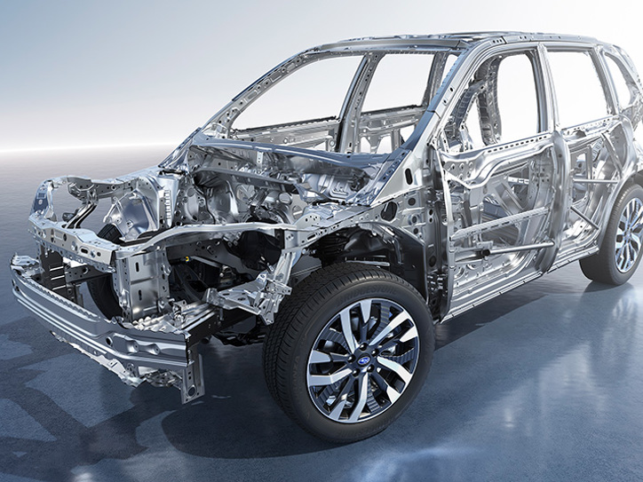 Kuvitus Subaru Foresterin turvakorista, joka esittelee vahvistetun rakenteen paremman törmäysturvallisuuden takaamiseksi.