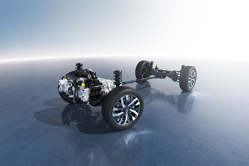 Kuvitus Subarun Lineartronic CVT-automaattivaihteistosta, painotus komponenteissa ja voimansiirrossa.