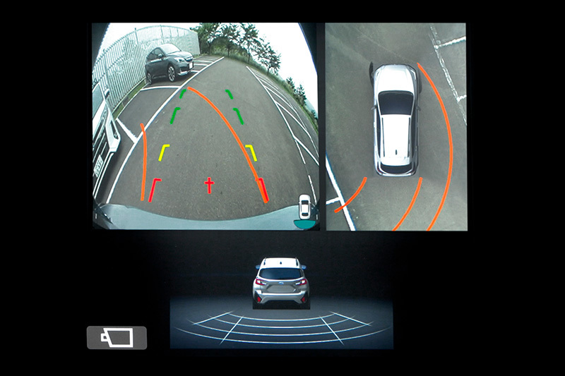 Subarun kosketusnäyttö näyttää kuvan peruutuskamerasta, mukaan lukien näkökenttä ja apuviivat.