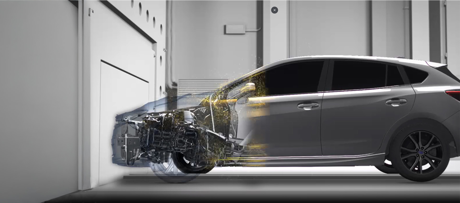 Subarun kolaritesti – auto ohjataan hallitusti seinää päin osoittamaan sen korkeaa törmäysturvallisuutta, suojaavaa turvakehikkoa ja kehittyneitä passiivisia turvajärjestelmiä.